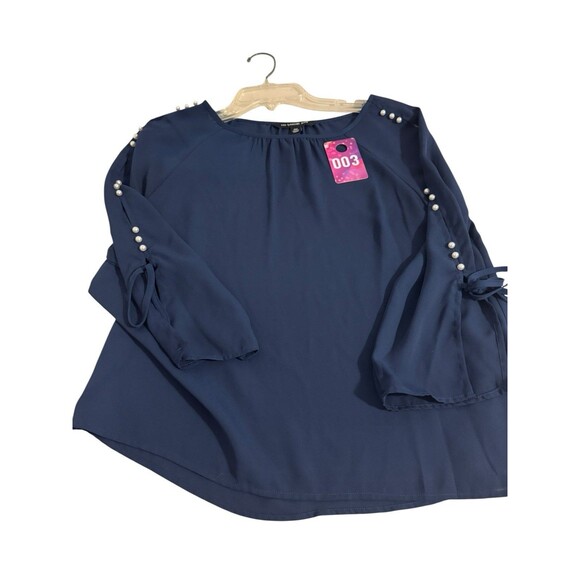 Zac & Rachel Woman Petite Size PM Navy Blue Pearl Embellished Long Sleeve Blouse - Picture 2 of 9